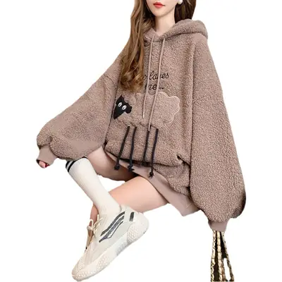 Women Hooded Wool Sweatshirt with Cartoon Embroidery