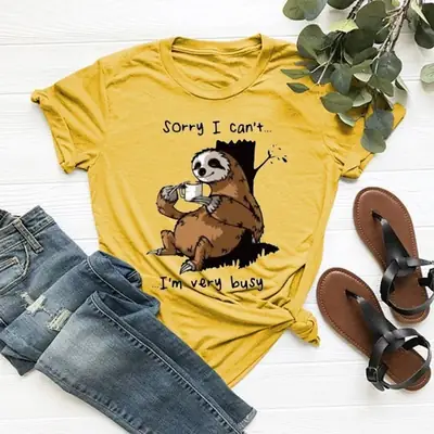 Women Cartoon Sloth Printed Yellow T-Shirt Short Sleeve
