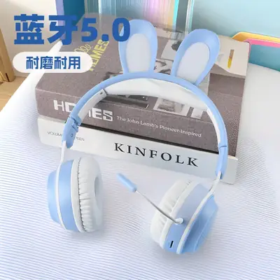 Wireless Bluetooth Headset with Rabbit Ears Blue White
