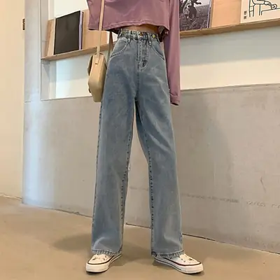 Women Wide Leg Jeans High Waist 2021 Light Blue