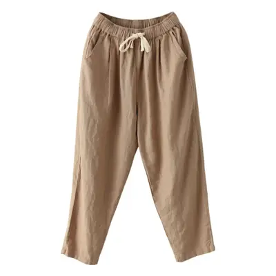 2021 Summer Cotton Hemp Pants Solid Beige Ankle Length