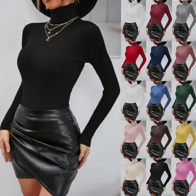 Women's Turtleneck Top with Black Leather Mini Skirt 2022