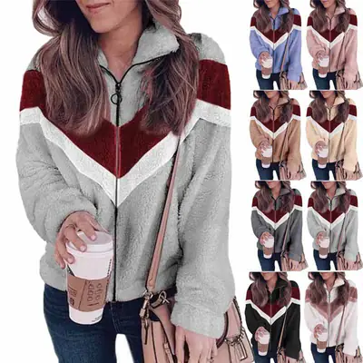 Women's 2022 Woolen Zipper Coat Maroon White Grey