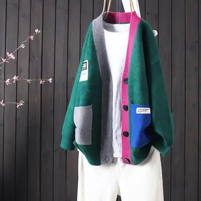 Women Wool Knitted Cardigan Blue Green Magenta Long Sleeve