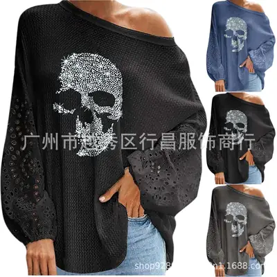 2021 Women's Skull Print Long Sleeve T-Shirt Black