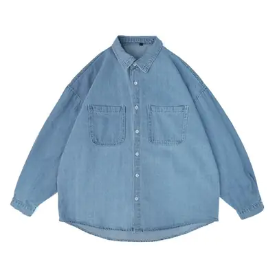 Men Denim Long Sleeve Shirt Blue Solid Color