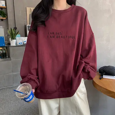 Women's Maroon Letter Print Sweatshirt 2021 Winter