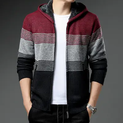 Men's Grey Black Hooded Fleece Jacket with Zip Front