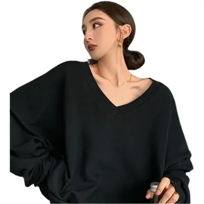 Women Oversize V-Neck Long Sleeve T-Shirt White