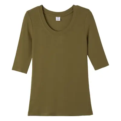 Women's Slim Fit Mid Sleeve Top Brown Round Neck