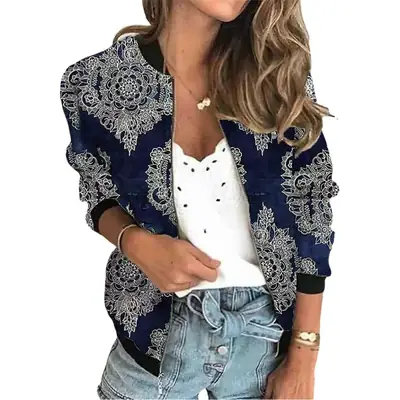 Women's 2021 Digital Printed Zipper Jacket Grey Blue