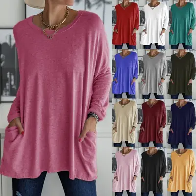 Women's Maroon Round Neck Long Sleeve T-Shirt with Pocket