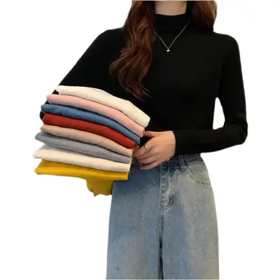 Women Long Sleeve T-Shirt Black Half Collar Autumn Winter