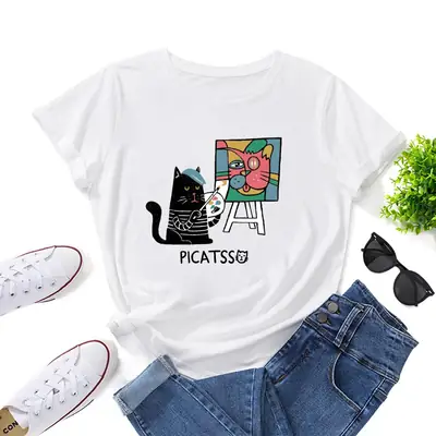 Women Loose T-Shirt Art Cat Print Gray