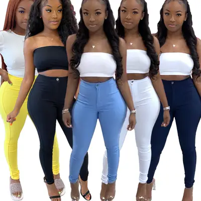 Women's 2023 White Top & Navy Jeans Set High Stretch