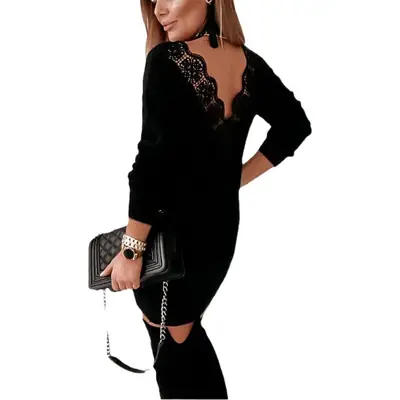 Black Lace Backless Dress for Women with Over-the-Shoulder Clutch