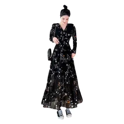 Black Chiffon Floral V-Neck Long Sleeve Dress Women