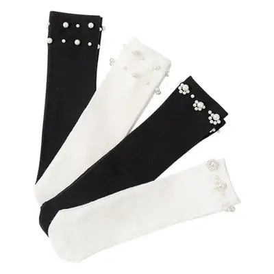 Girls Pearl Cuff Socks Black White Spring Autumn