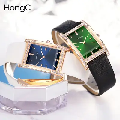 Women's Green Square Watch with Rose Gold Frame
