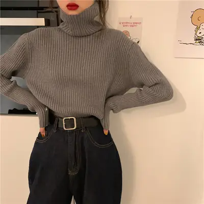 Women 2023 Turtleneck Sweater Blue Slim Fit