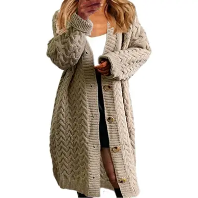 Long Twist Button Sweater Jacket Women Brown Large