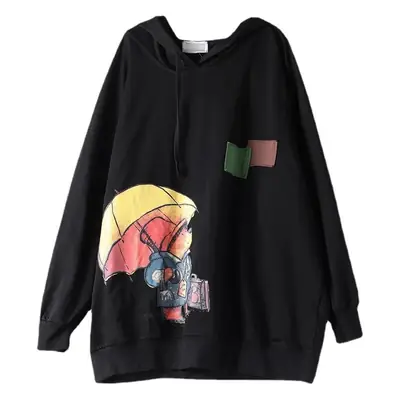 Women Hooded Sweatshirt Black Cartoon Print Plus Size