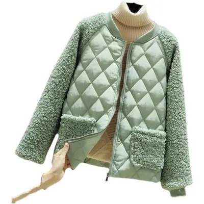 Women's Pink Quilted Fleece Jacket Winter Warmth Loose Fit