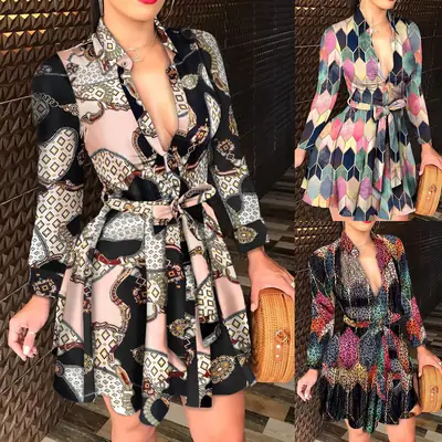 2021 Printed Long Sleeve Waist Belt Dress for Women