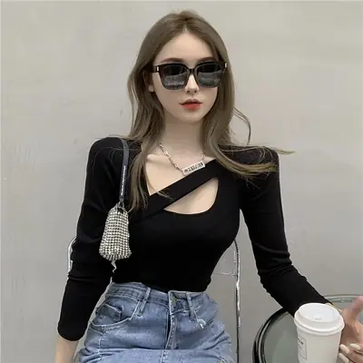 2023 New Cut Out T-Shirt Women Long Sleeve Slimming