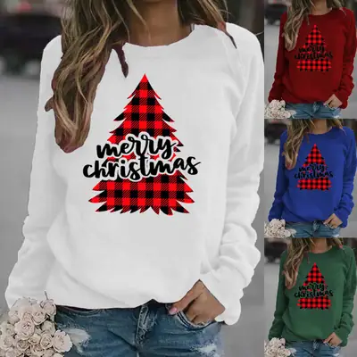 Women's Blue Christmas Printed Sweatshirt Long Sleeve