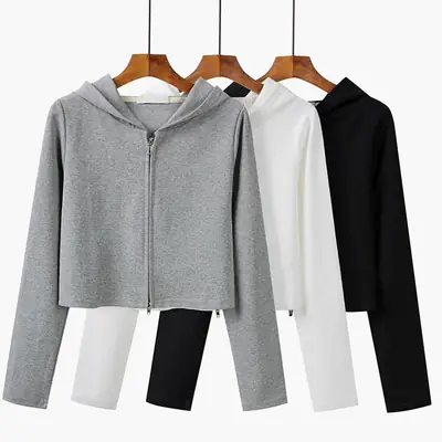 Women Black Zipper Hooded Long Sleeve Sweater
