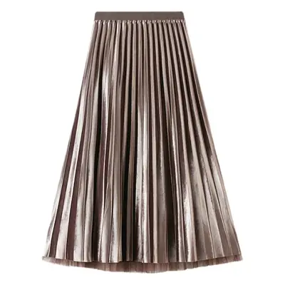 Gold Velvet Pleated Skirt for Women Mid Length