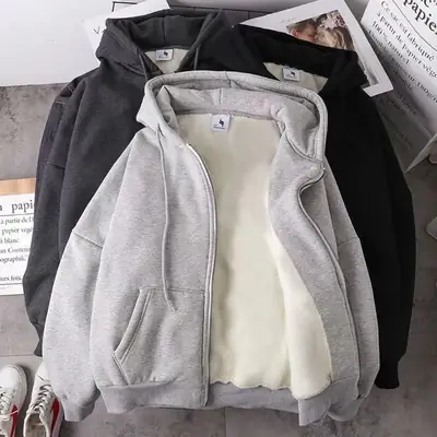 Women Korean Hooded Fleece Jacket Grey Black Zipper