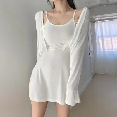 White Long Sleeve Cardigan with Pleated Skirt Set
