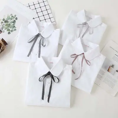 Girls White Bow Cotton Shirt Long Sleeve Winter
