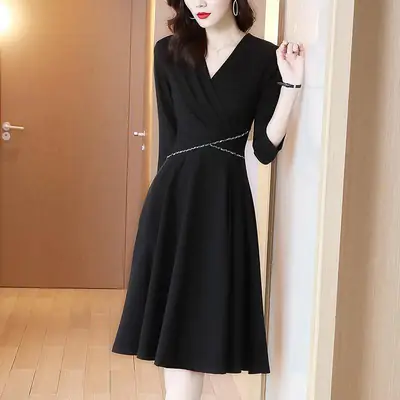 Black Waist-Cinching V-Neck Dress for Women