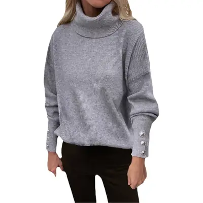 Women Red Knitted Turtleneck Sweater with Cuff Button