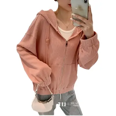 Women Grey Hooded Short Coat Spring Fall Wear