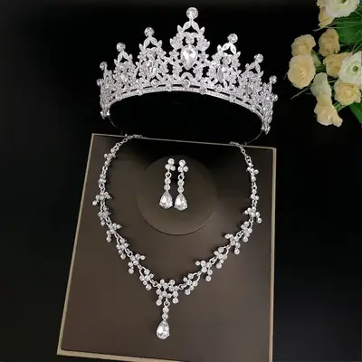 Silver Bridal Crown Necklace Earrings Set Wholesale