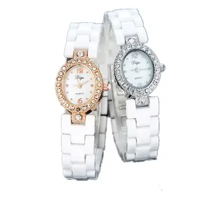 White Ceramic Korean Style Women's Quartz Watch with Square Diamond Frame