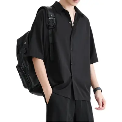 Men's Black Short Sleeve Japanese Style Shirt Large