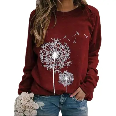 Women Dandelion Print Sweatshirt Black Long Sleeve