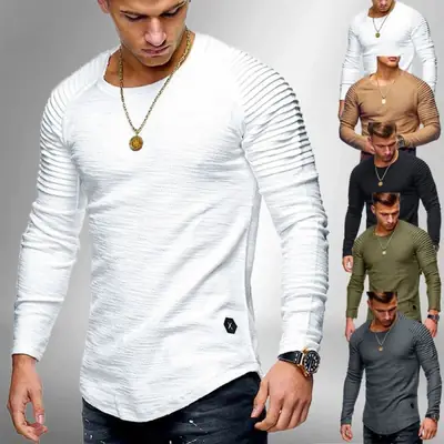 Men's Long Sleeve Pleated T-Shirt Olive Green