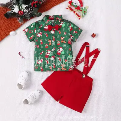 Boys Gentleman Suit Kidsren's Santa Claus Bow Tie Short-Sleeved Shirt Top Overalls Christmas Clothing British Style