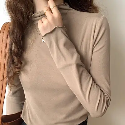 Women's Beige Cotton Turtleneck Long Sleeve Slim Fit