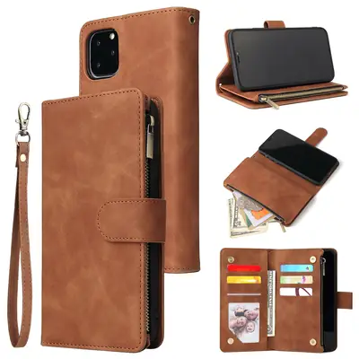 Blue Leather iPhone 12 Zipper Wallet Case with Card Holder
