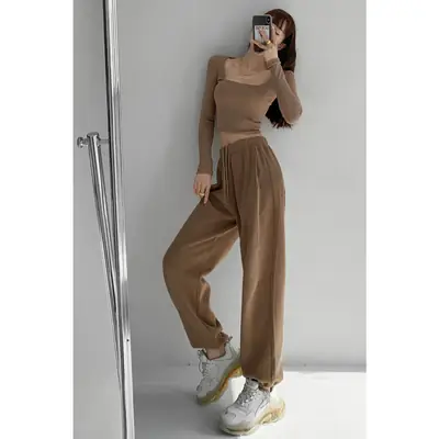 Women's Light Blue Retro Waffled Streetwear Pants