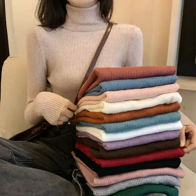 Women's Knitted High Collar Shirt Red Winter Slim Fit