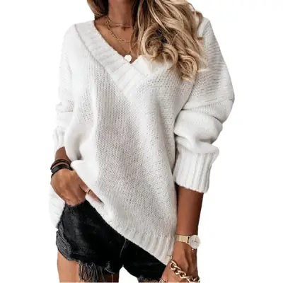 Women's V-Neck Knitted Pullover Sweaters Solid Color Autumn Winter