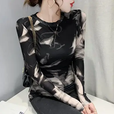 Black Camo Camisole Long Sleeve Crewneck Slim Fit